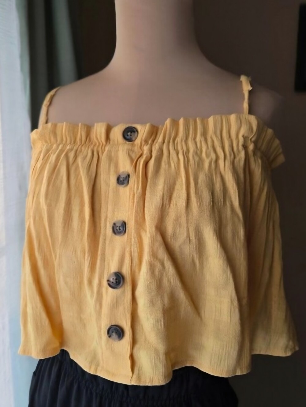 American Eagle Yellow Button Front Smocked Ruffle Crop Top Cami XS Preppy Clean